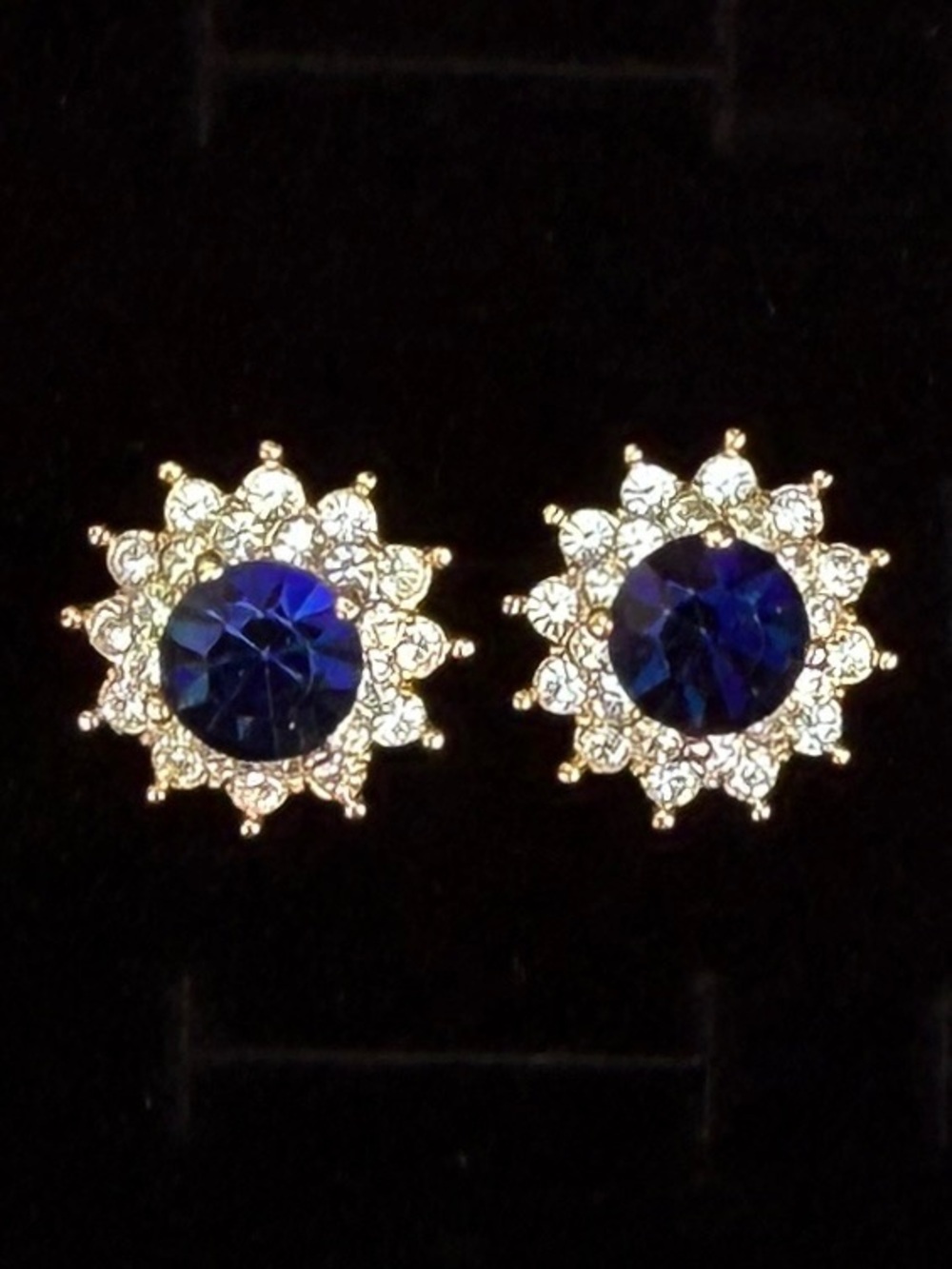 Beautiful Goldtone bling, blue-ish, purple clear sparkle pierced earrings
